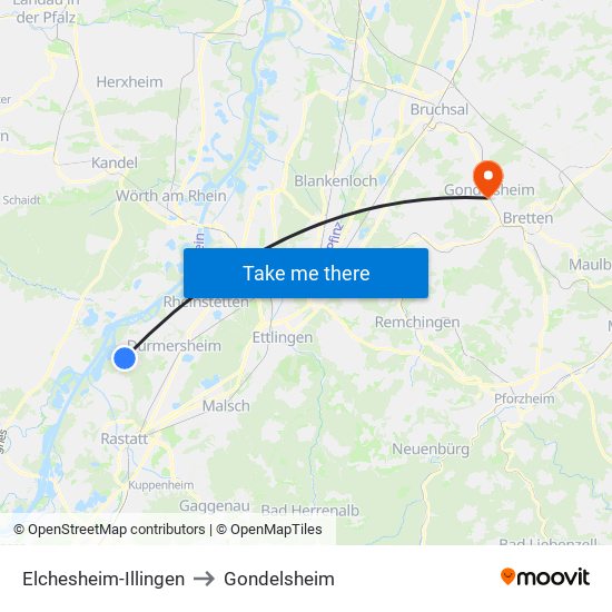 Elchesheim-Illingen to Gondelsheim map