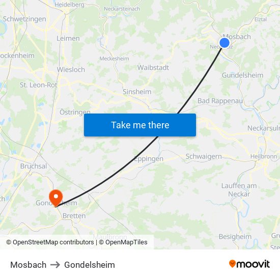 Mosbach to Gondelsheim map