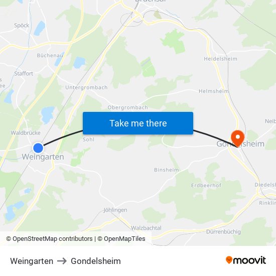 Weingarten to Gondelsheim map