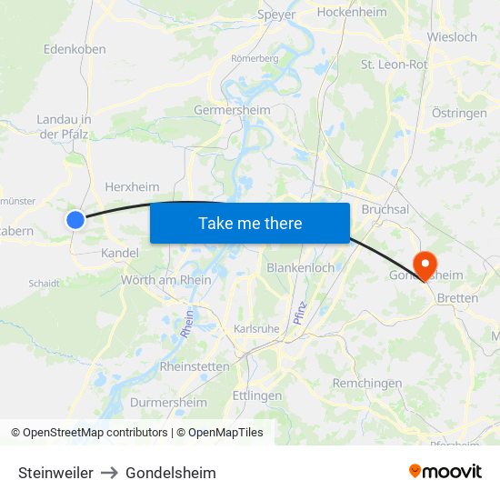 Steinweiler to Gondelsheim map