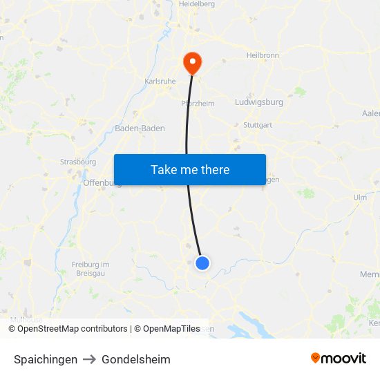 Spaichingen to Gondelsheim map