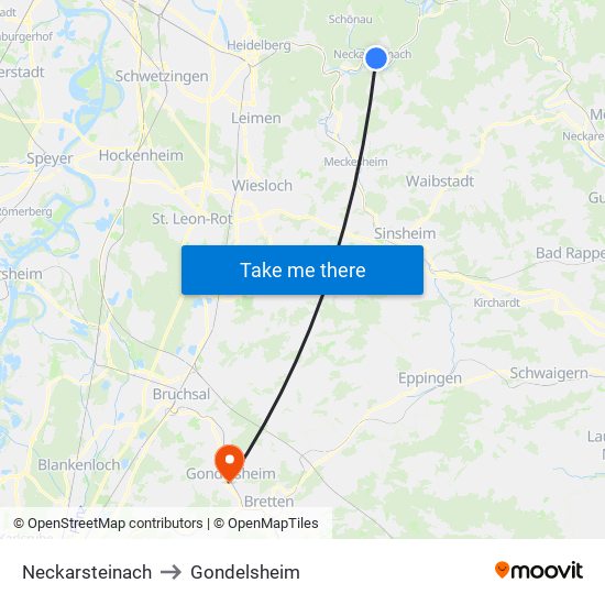 Neckarsteinach to Gondelsheim map