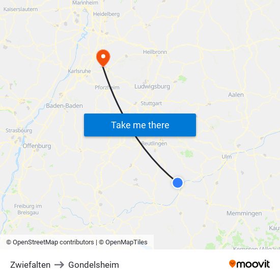 Zwiefalten to Gondelsheim map