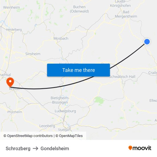 Schrozberg to Gondelsheim map