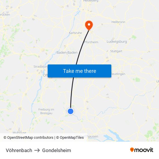 Vöhrenbach to Gondelsheim map