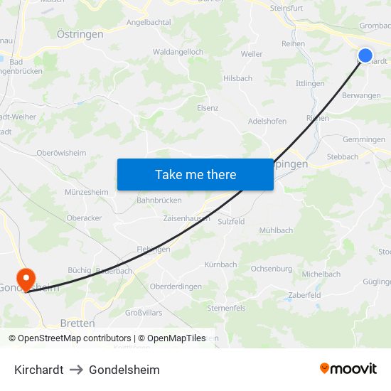 Kirchardt to Gondelsheim map