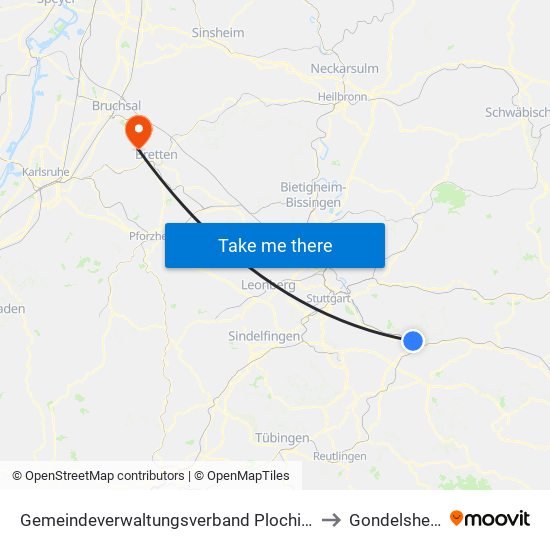 Gemeindeverwaltungsverband Plochingen to Gondelsheim map