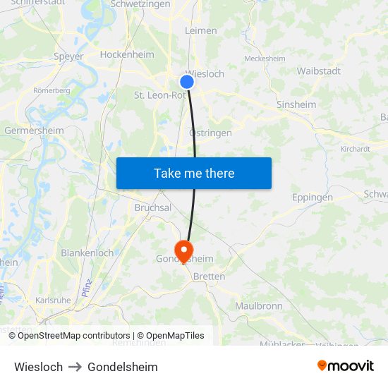 Wiesloch to Gondelsheim map