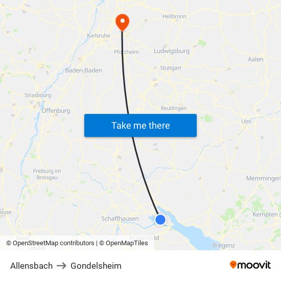 Allensbach to Gondelsheim map
