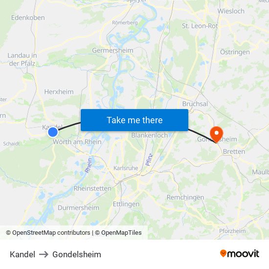 Kandel to Gondelsheim map
