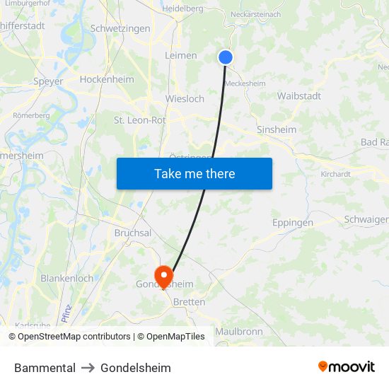 Bammental to Gondelsheim map