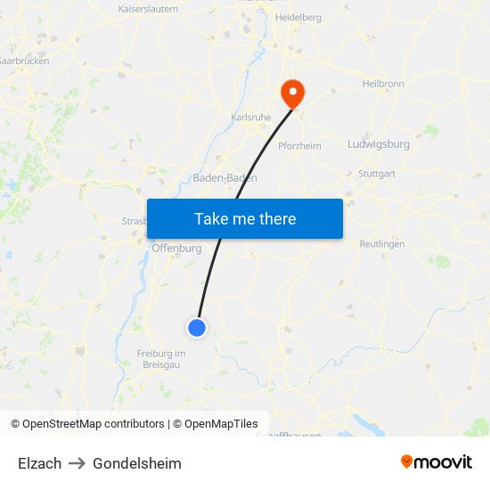 Elzach to Gondelsheim map