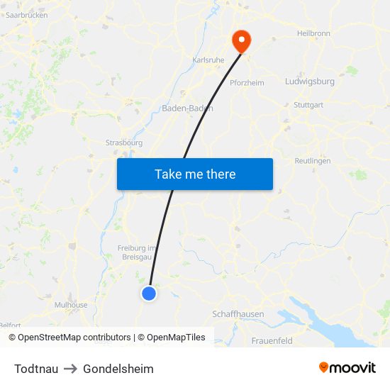 Todtnau to Gondelsheim map