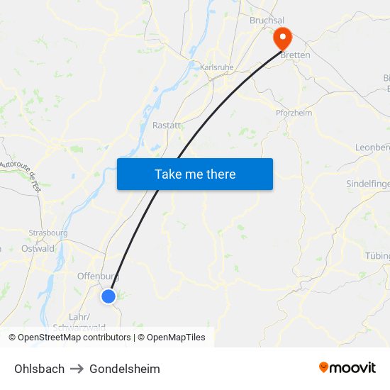 Ohlsbach to Gondelsheim map