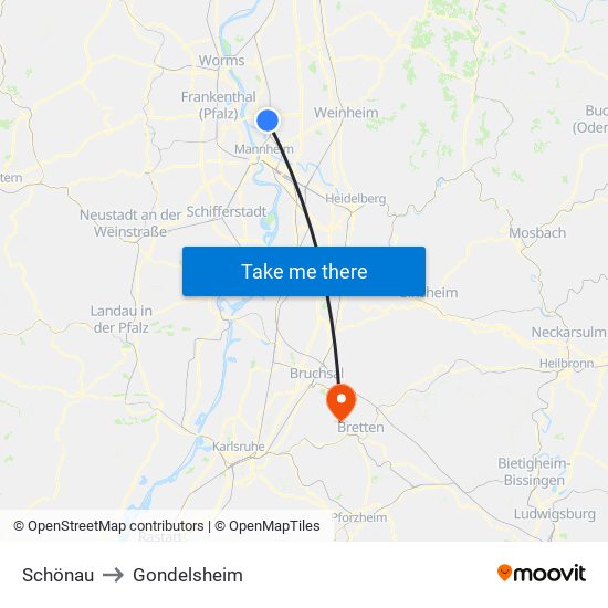 Schönau to Gondelsheim map
