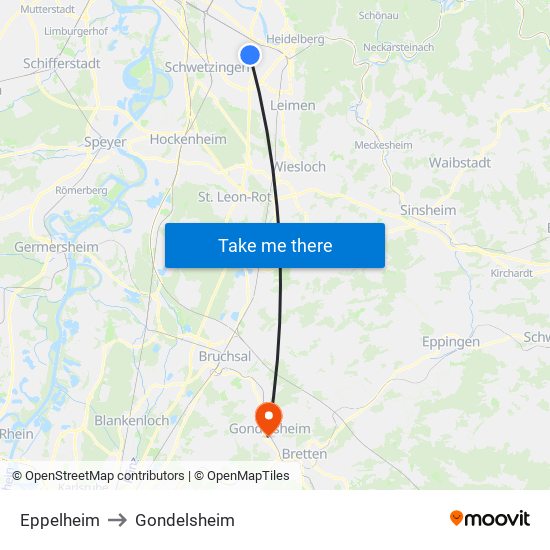 Eppelheim to Gondelsheim map