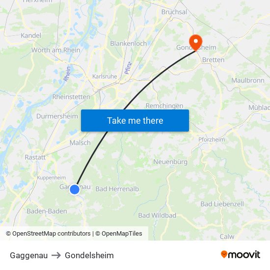 Gaggenau to Gondelsheim map