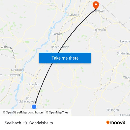 Seelbach to Gondelsheim map