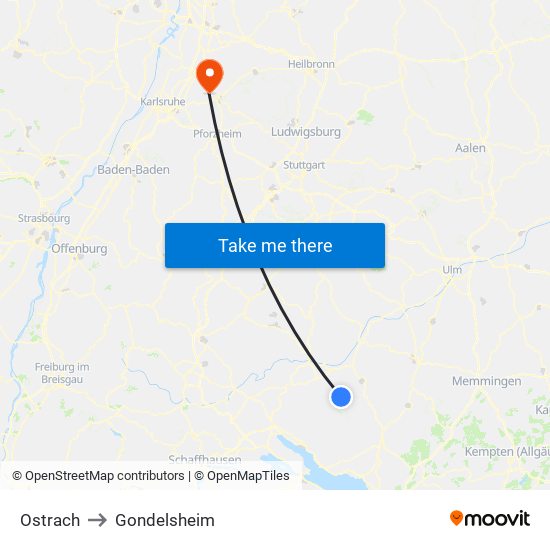 Ostrach to Gondelsheim map