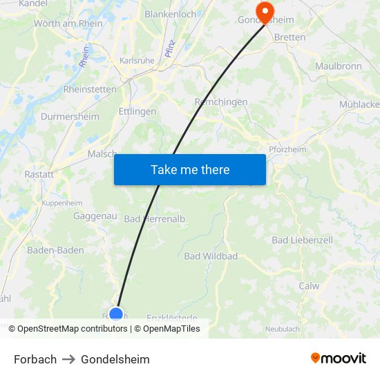 Forbach to Gondelsheim map