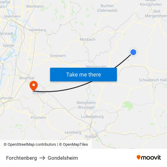 Forchtenberg to Gondelsheim map