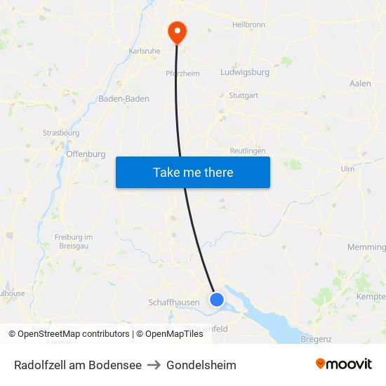 Radolfzell am Bodensee to Gondelsheim map