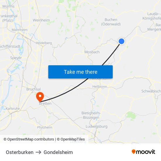 Osterburken to Gondelsheim map