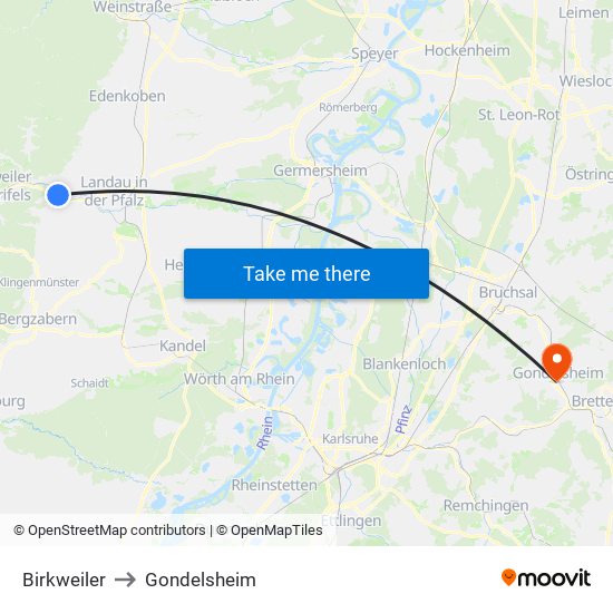 Birkweiler to Gondelsheim map