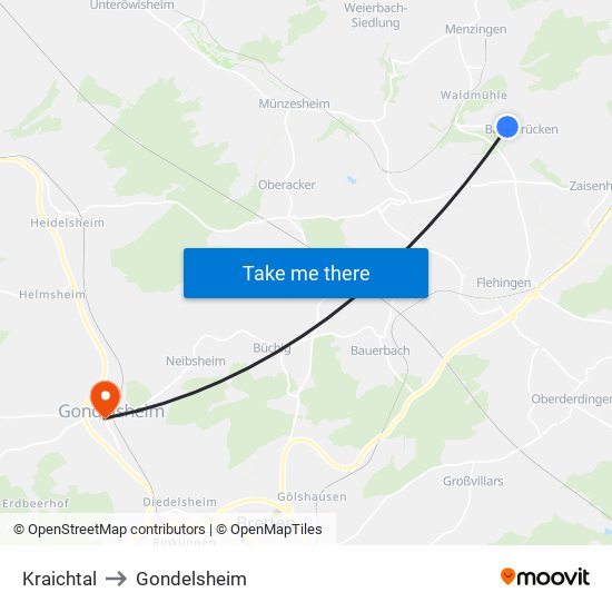 Kraichtal to Gondelsheim map