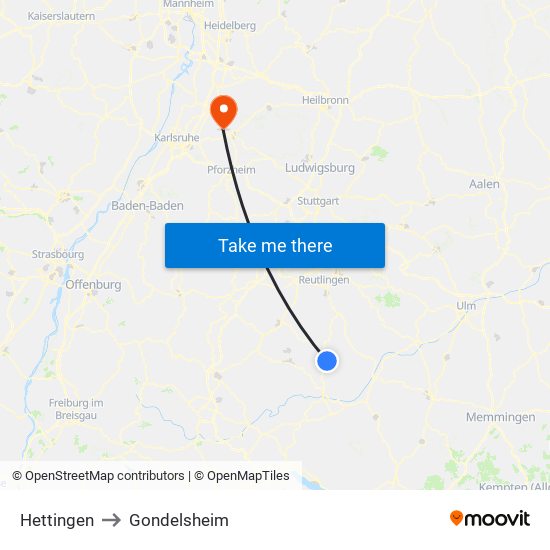 Hettingen to Gondelsheim map