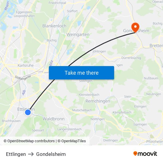 Ettlingen to Gondelsheim map