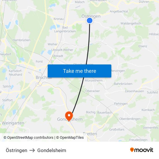 Östringen to Gondelsheim map