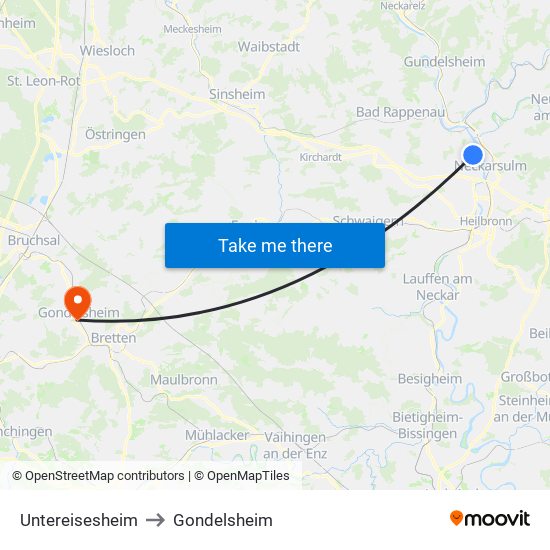 Untereisesheim to Gondelsheim map