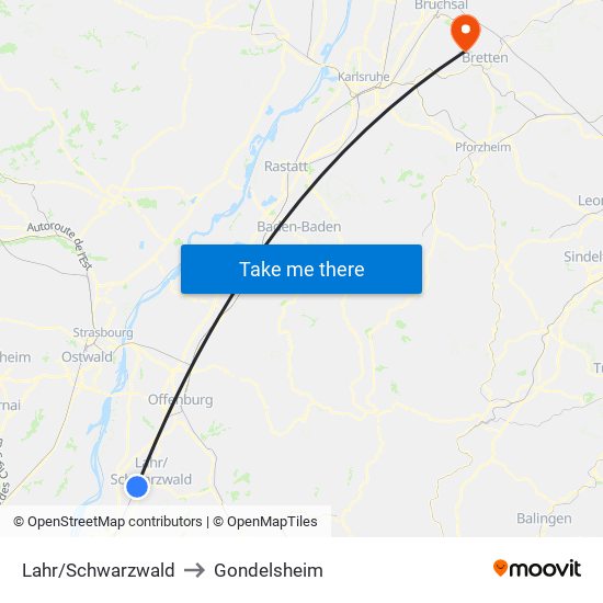 Lahr/Schwarzwald to Gondelsheim map