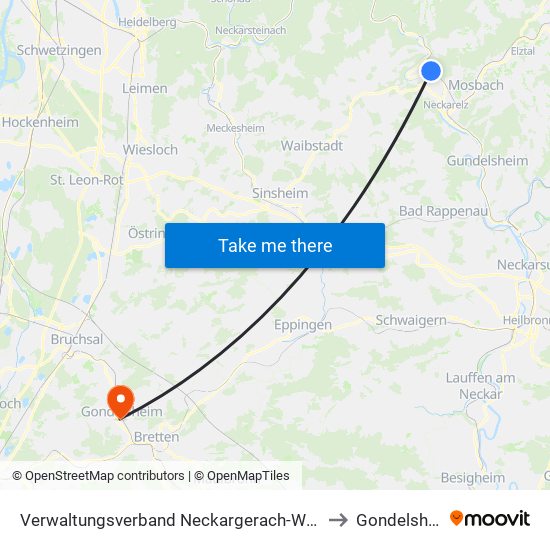 Verwaltungsverband Neckargerach-Waldbrunn to Gondelsheim map