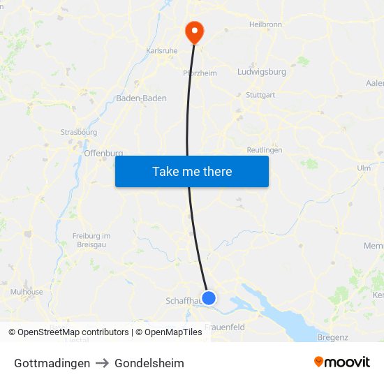 Gottmadingen to Gondelsheim map