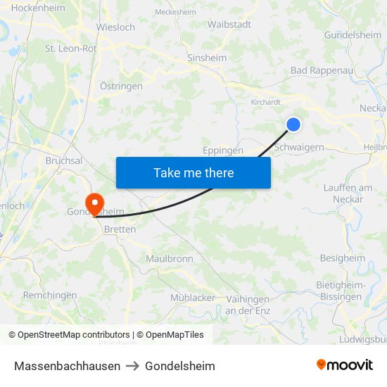 Massenbachhausen to Gondelsheim map