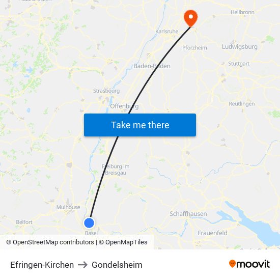 Efringen-Kirchen to Gondelsheim map