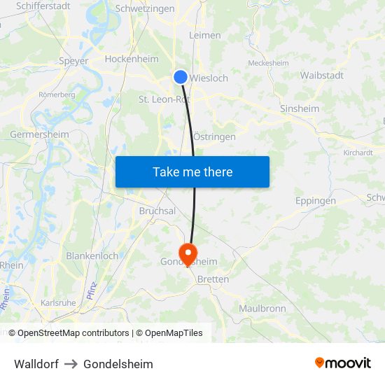 Walldorf to Gondelsheim map