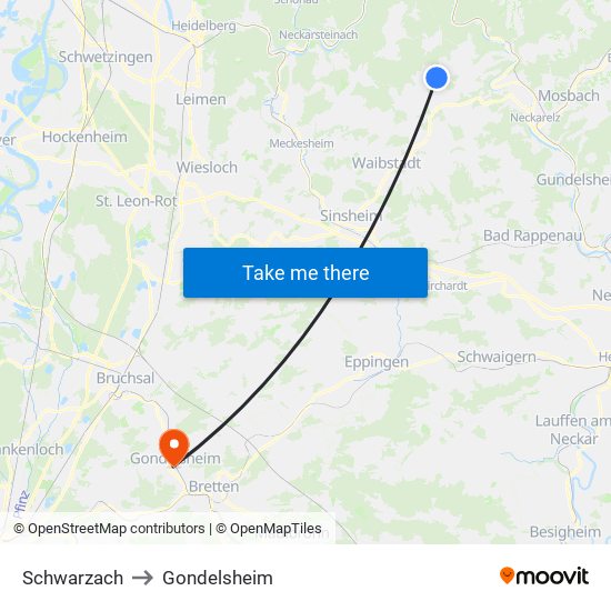 Schwarzach to Gondelsheim map