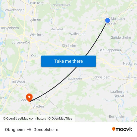 Obrigheim to Gondelsheim map