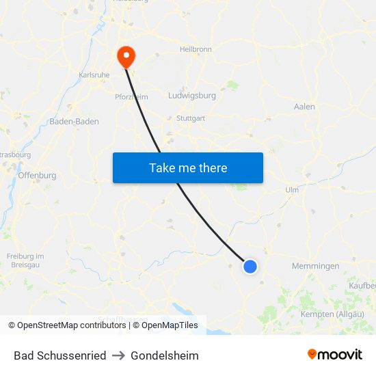 Bad Schussenried to Gondelsheim map