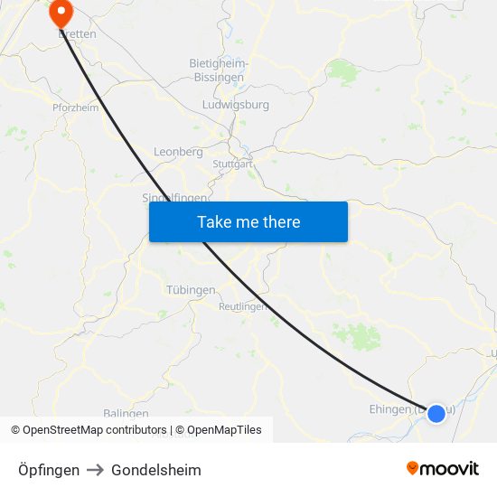 Öpfingen to Gondelsheim map