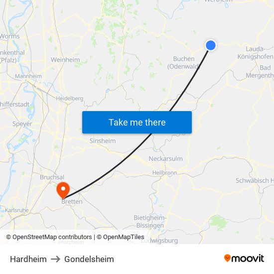 Hardheim to Gondelsheim map