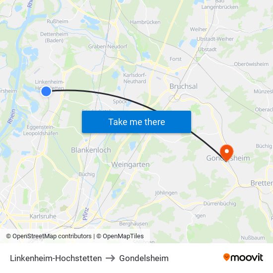 Linkenheim-Hochstetten to Gondelsheim map