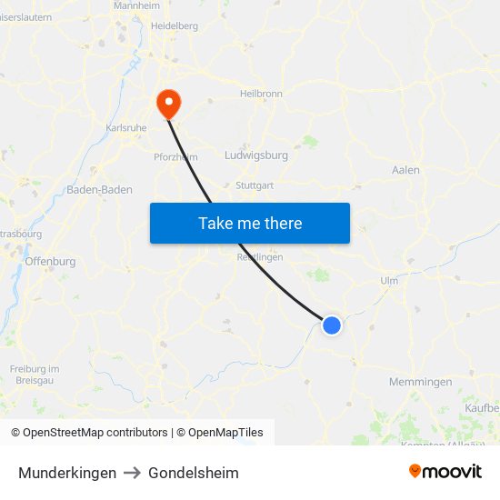 Munderkingen to Gondelsheim map
