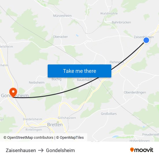 Zaisenhausen to Gondelsheim map