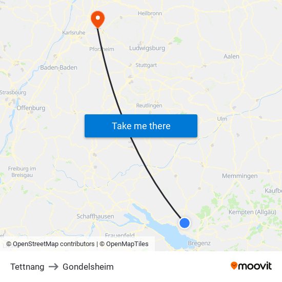 Tettnang to Gondelsheim map