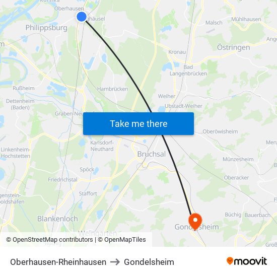 Oberhausen-Rheinhausen to Gondelsheim map