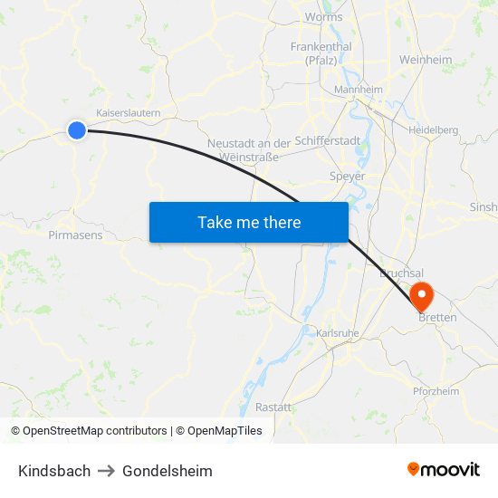 Kindsbach to Gondelsheim map